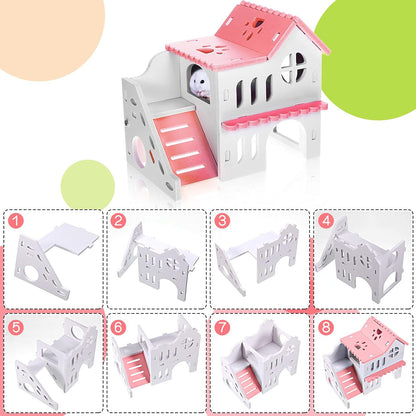 5 Pieces Hamster Toys Include Wooden Hamster House Guinea Pig Hideout Rainbow Bridge Hamster Seesaw Hamster Swing Hamster Exercise Circle Toy Suitable for Small Animals (Pink,6.3 X 3.93 X 5.5 Inch)