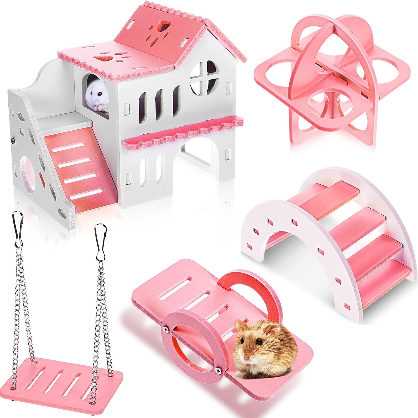 5 Pieces Hamster Toys Include Wooden Hamster House Guinea Pig Hideout Rainbow Bridge Hamster Seesaw Hamster Swing Hamster Exercise Circle Toy Suitable for Small Animals (Pink,6.3 X 3.93 X 5.5 Inch)
