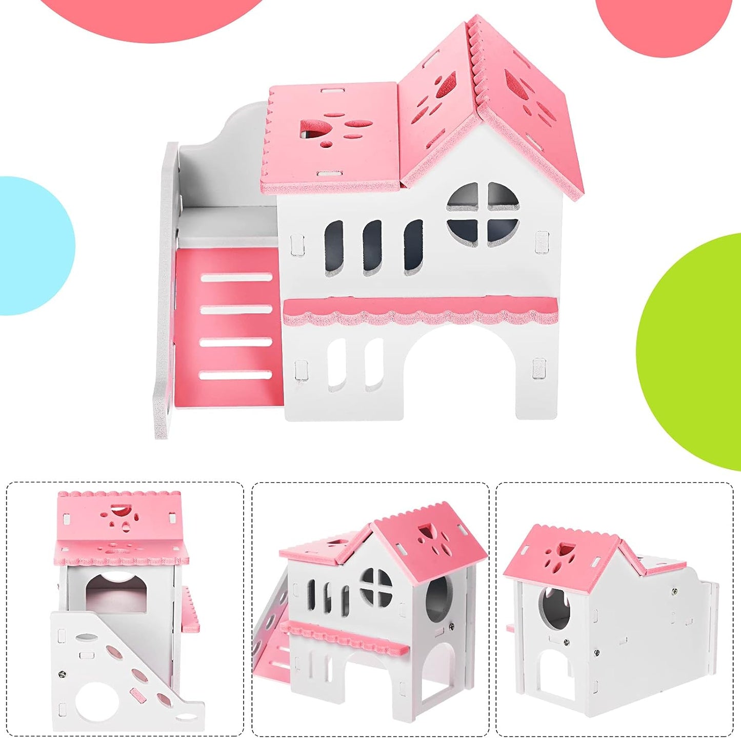 5 Pieces Hamster Toys Include Wooden Hamster House Guinea Pig Hideout Rainbow Bridge Hamster Seesaw Hamster Swing Hamster Exercise Circle Toy Suitable for Small Animals (Pink,6.3 X 3.93 X 5.5 Inch)