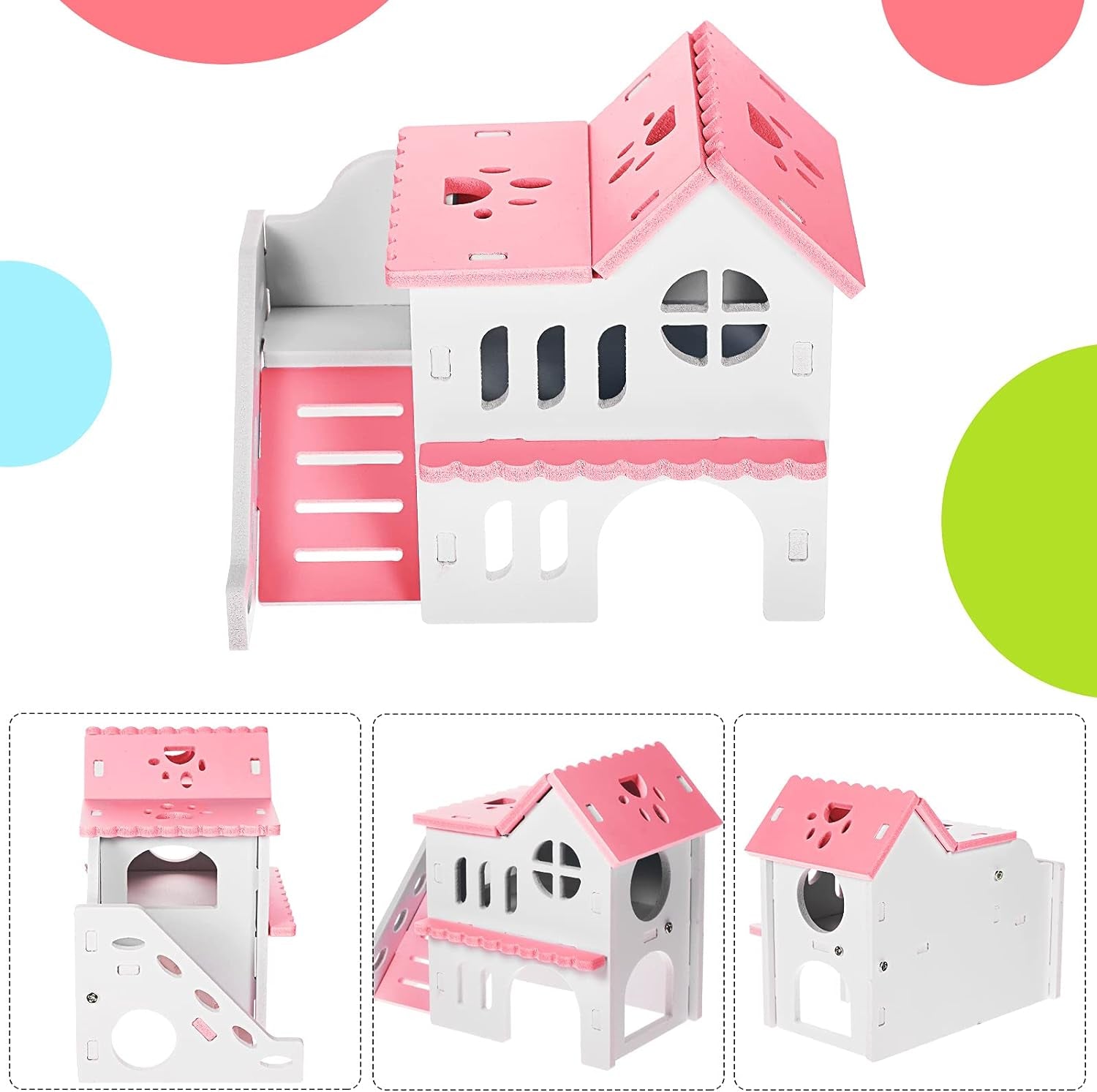 5 Pieces Hamster Toys Include Wooden Hamster House Guinea Pig Hideout Rainbow Bridge Hamster Seesaw Hamster Swing Hamster Exercise Circle Toy Suitable for Small Animals (Pink,6.3 X 3.93 X 5.5 Inch)