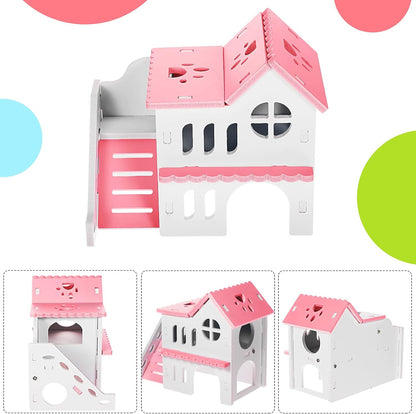 5 Pieces Hamster Toys Include Wooden Hamster House Guinea Pig Hideout Rainbow Bridge Hamster Seesaw Hamster Swing Hamster Exercise Circle Toy Suitable for Small Animals (Pink,6.3 X 3.93 X 5.5 Inch)