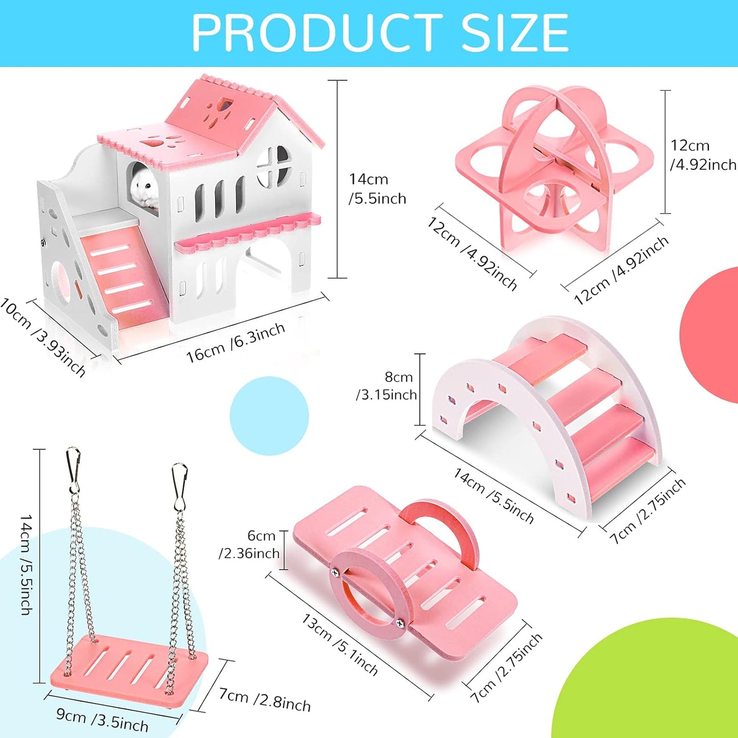 5 Pieces Hamster Toys Include Wooden Hamster House Guinea Pig Hideout Rainbow Bridge Hamster Seesaw Hamster Swing Hamster Exercise Circle Toy Suitable for Small Animals (Pink,6.3 X 3.93 X 5.5 Inch)