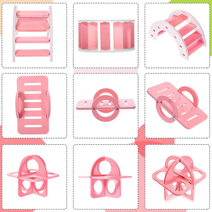5 Pieces Hamster Toys Include Wooden Hamster House Guinea Pig Hideout Rainbow Bridge Hamster Seesaw Hamster Swing Hamster Exercise Circle Toy Suitable for Small Animals (Pink,6.3 X 3.93 X 5.5 Inch)