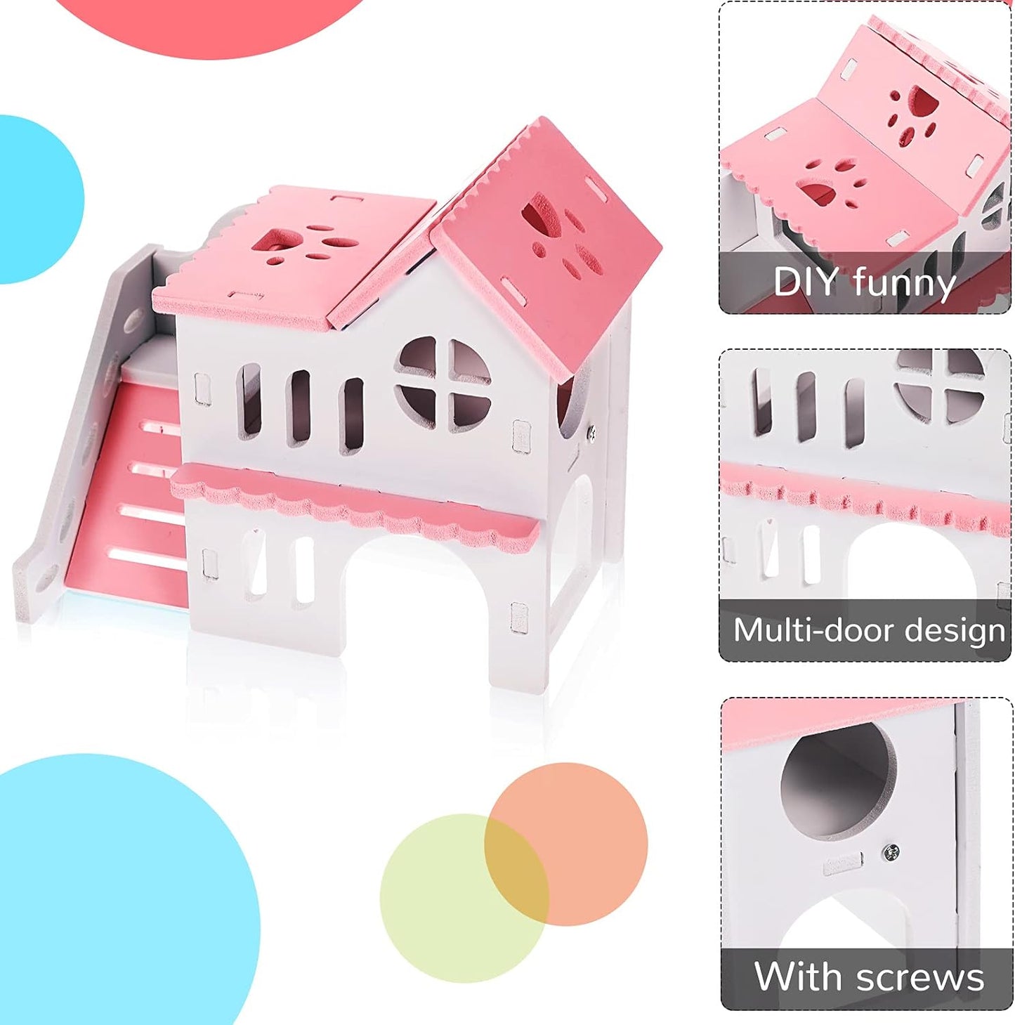 5 Pieces Hamster Toys Include Wooden Hamster House Guinea Pig Hideout Rainbow Bridge Hamster Seesaw Hamster Swing Hamster Exercise Circle Toy Suitable for Small Animals (Pink,6.3 X 3.93 X 5.5 Inch)