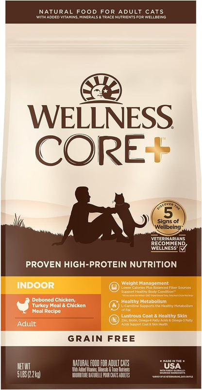 Wellness CORE Grain Free Dry Cat Food, High Protein Cat Food, Indoor, Chicken, Turkey & Chicken Meal, Natural, Made in USA, Cat Food, Adult