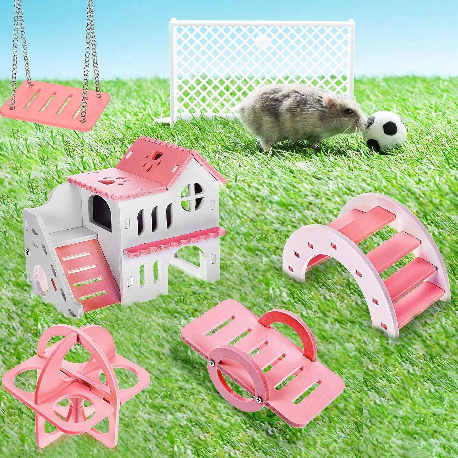 5 Pieces Hamster Toys Include Wooden Hamster House Guinea Pig Hideout Rainbow Bridge Hamster Seesaw Hamster Swing Hamster Exercise Circle Toy Suitable for Small Animals (Pink,6.3 X 3.93 X 5.5 Inch)