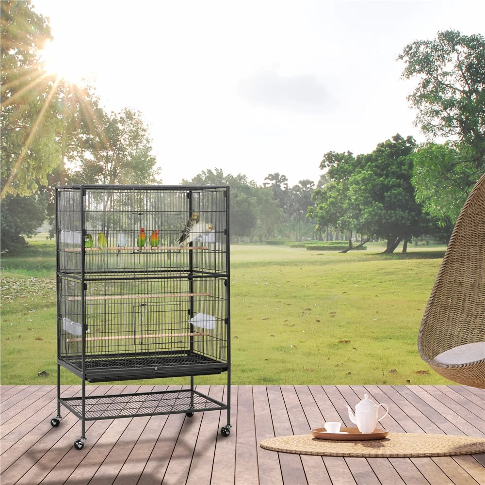 52''H Metal Rolling Bird Cage with 3 Perches & 4 Feeders & Extra Storage Shelf, Black