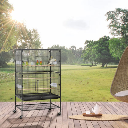 52''H Metal Rolling Bird Cage with 3 Perches & 4 Feeders & Extra Storage Shelf, Black